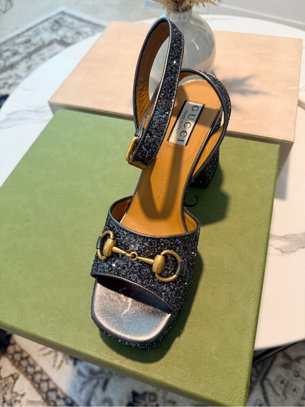 Gucci Black Glitter Horsebit Block Heel Sandal